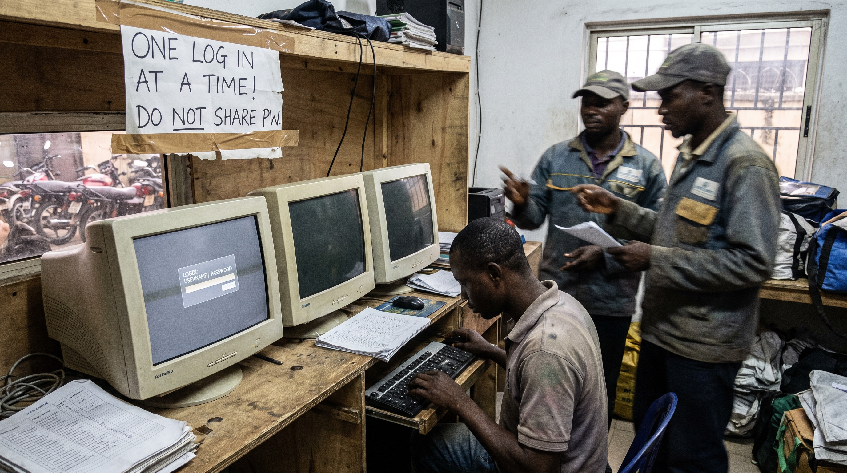 A shared dispatch room counter with three monitors and staff changing shift