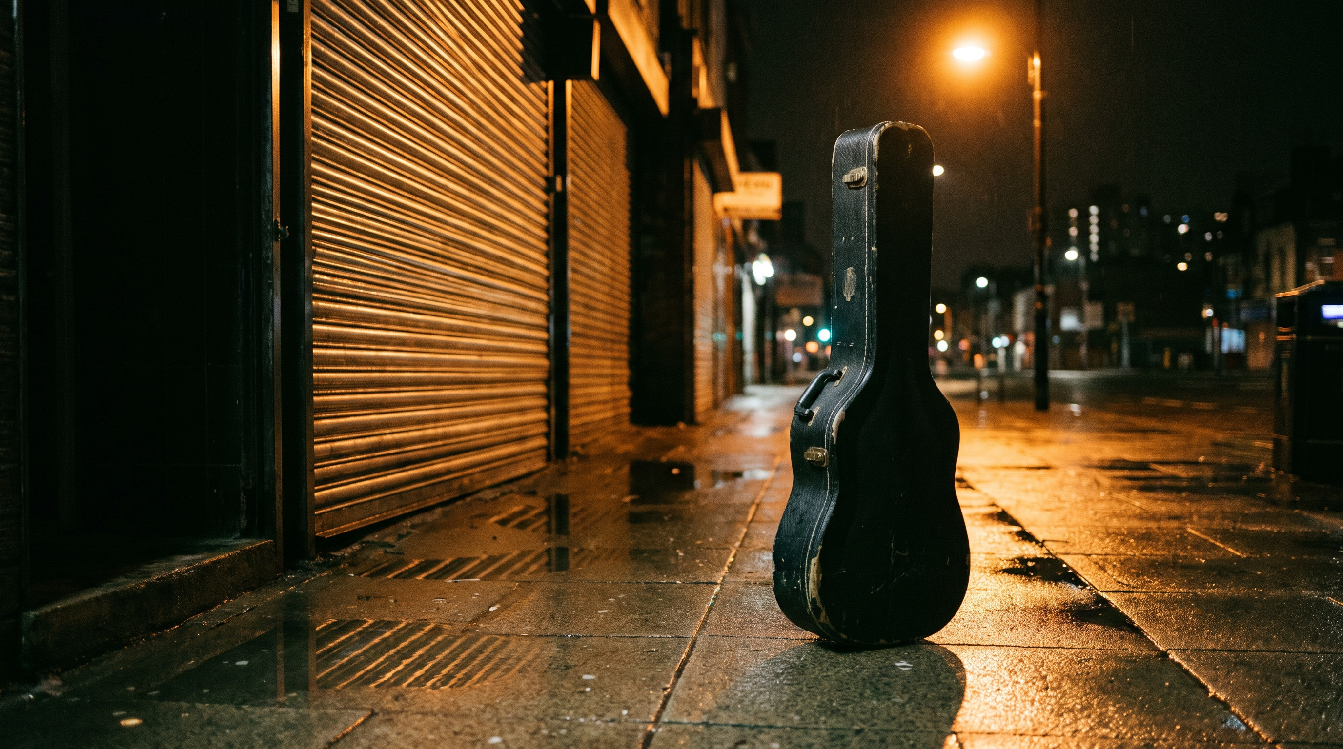 A battered instrument case standing alone on a wet street at night outside closed shutters