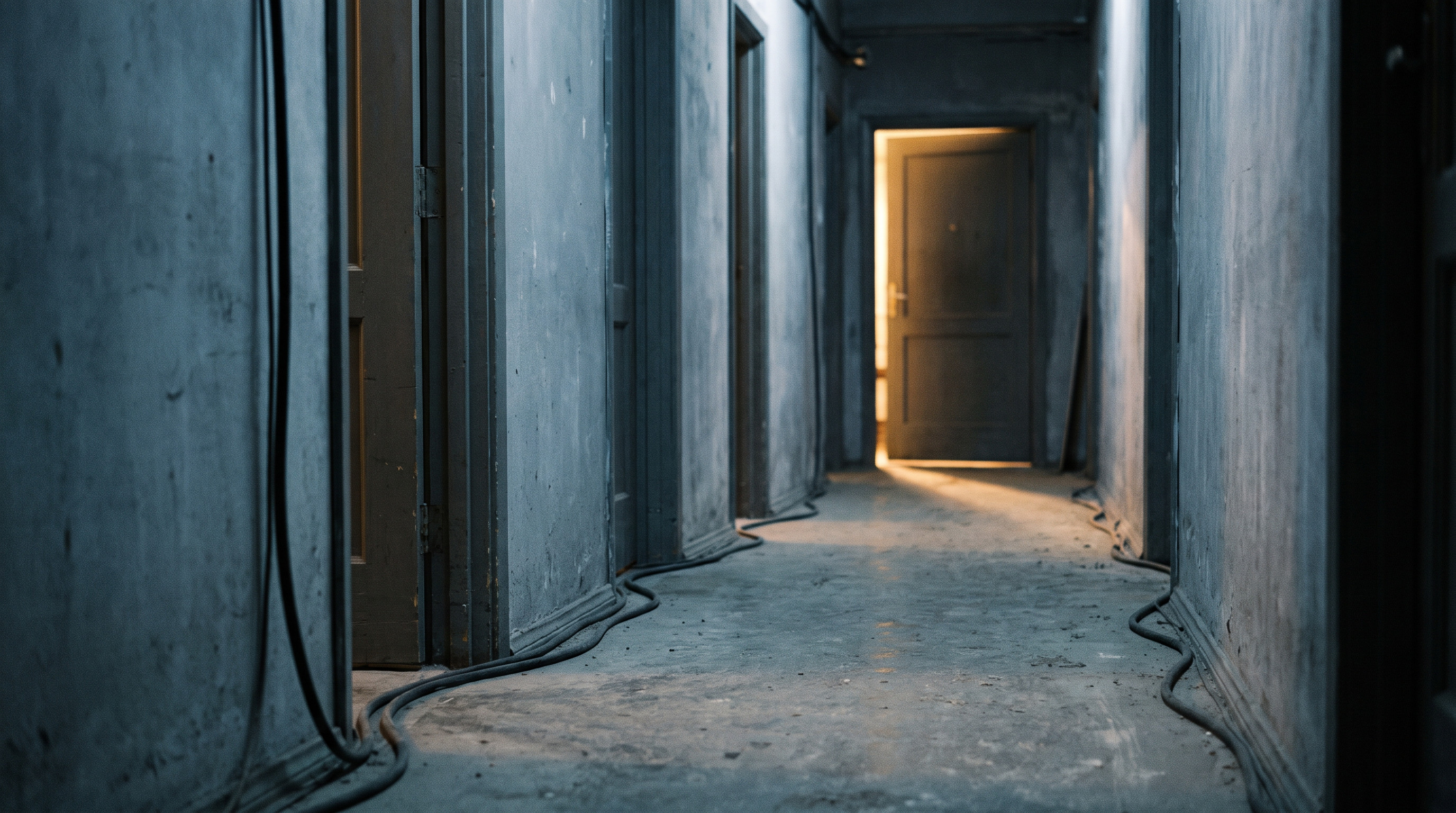 A dim corridor with one door open at the far end, light spilling out