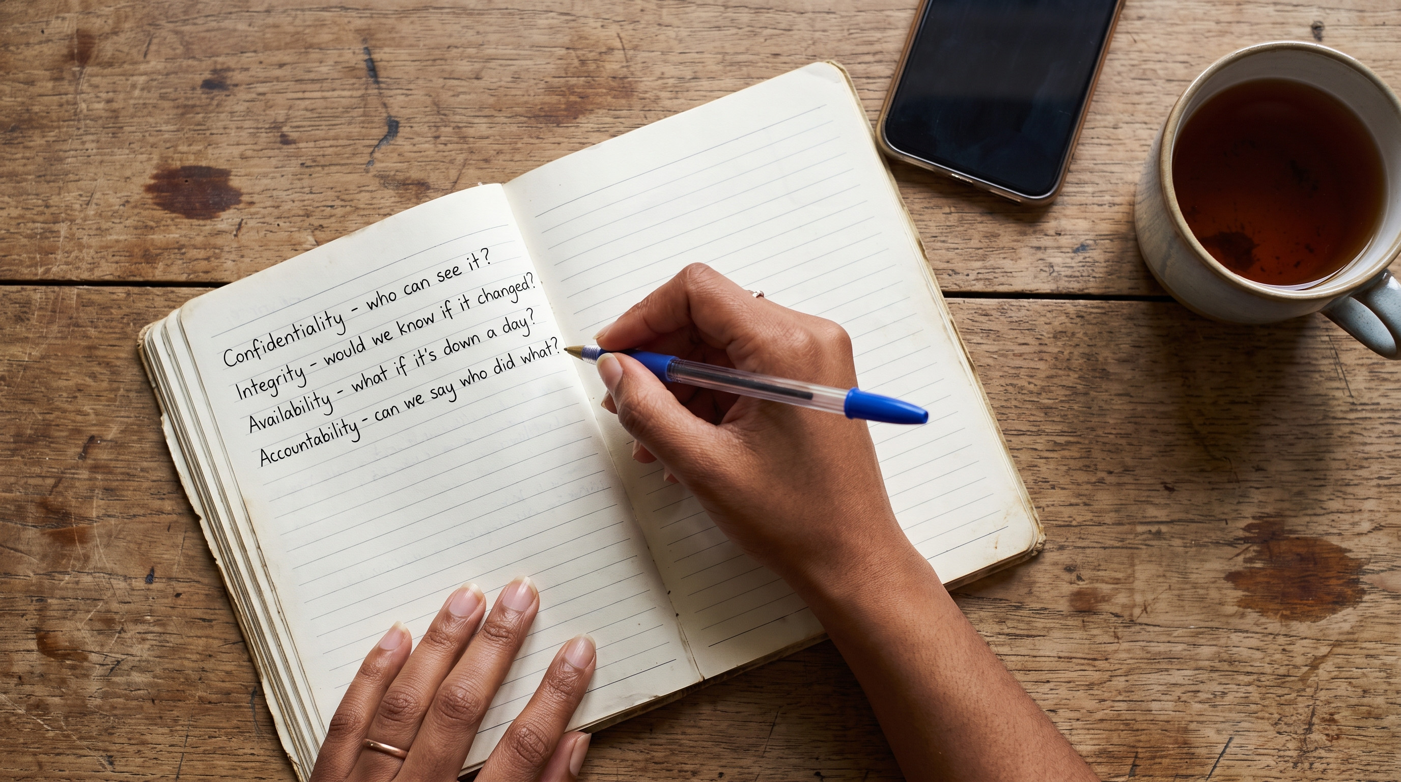A handwritten notebook page listing the four security properties as questions